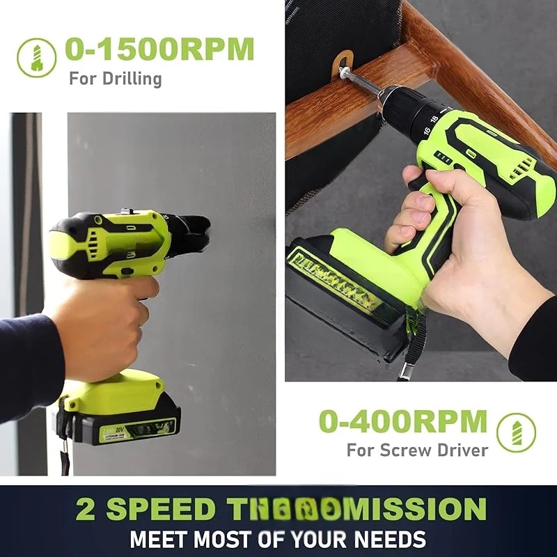 177-Piece 20V Cordless Lithium-ion Drill Driver and Home Tool Set,Household Repairing Kit with in Storage Case,Green - Image 2