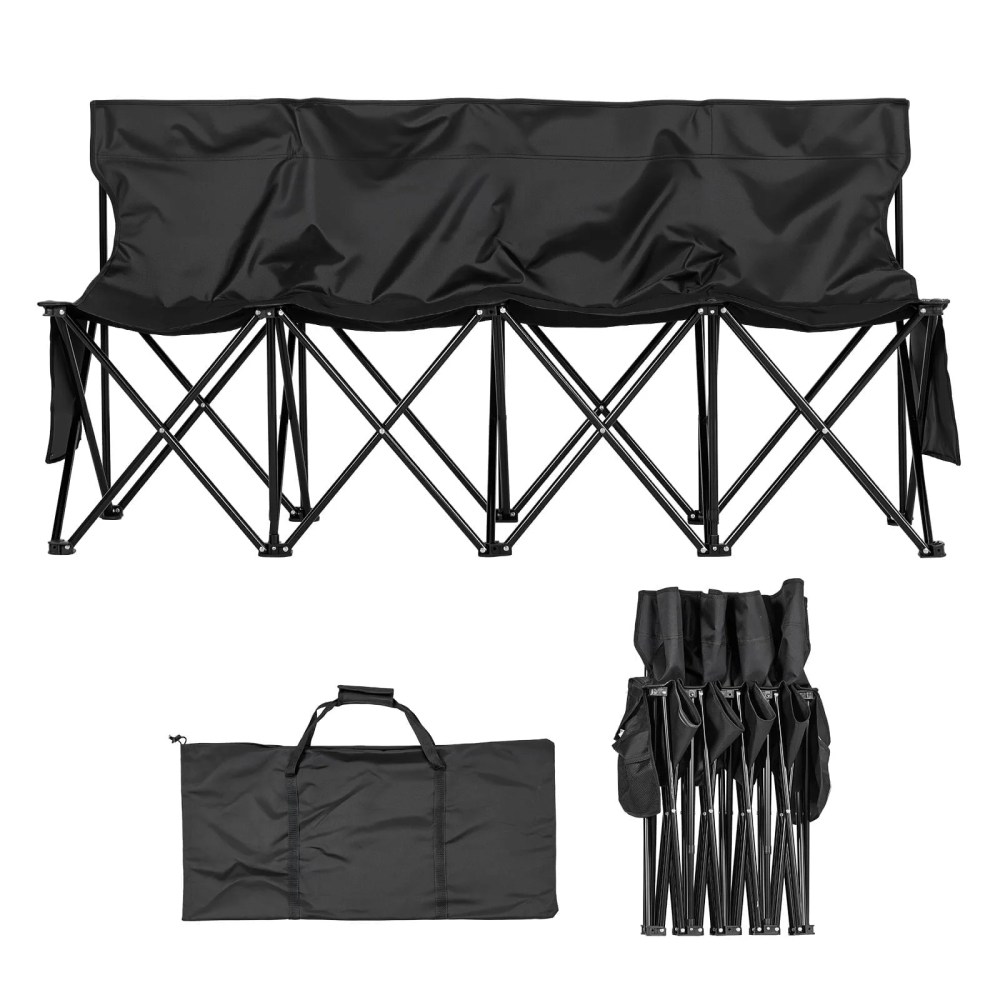 VEVOR Portable Folding Bench, 4 Seat Foldable Soccer Bench with Side Pockets and Carrying Bag, Lightweight Sideline Seating with Back Rest for Football, Baseball, Camping, Outdoor Events, Black