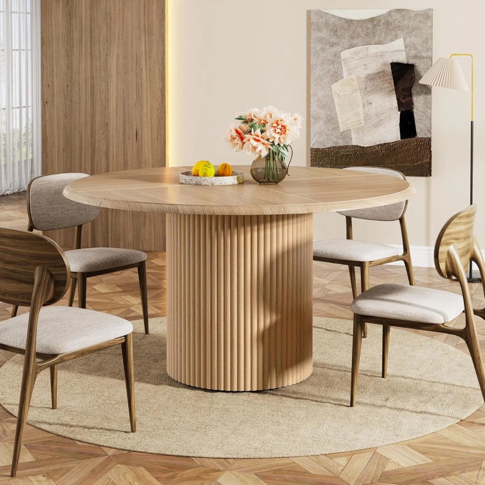 47" Farmhouse Kitchen Table,Round Dining Table for 4 with Sturdy Fluted Metal Base