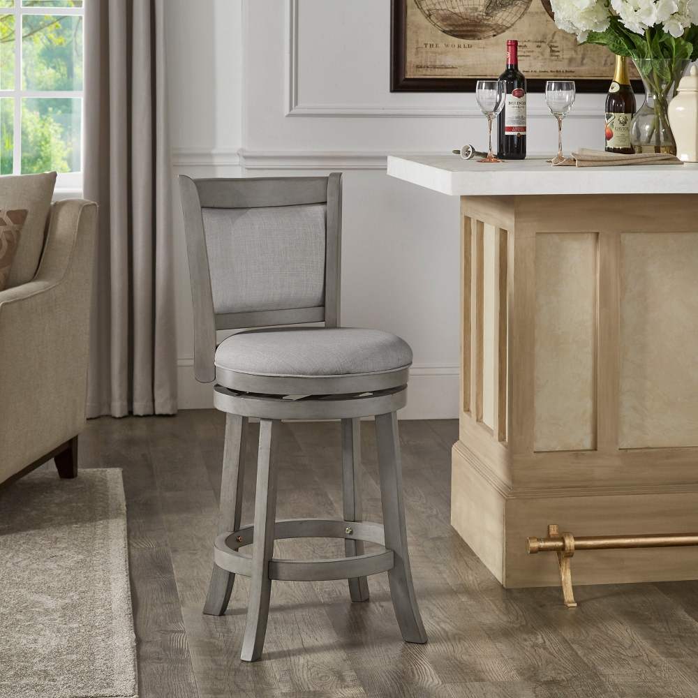 Weston Home Shapel Upholstered Back Swivel Stool,24" Counter Height,Antique Grey Finish,Grey Linen