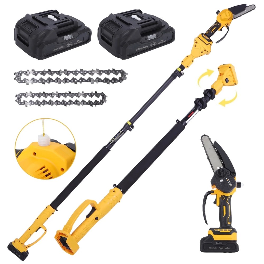 2-in-1 Brushless Cordless Pole Saw, 6in 4in Chainsaw with 2pcs 2.0A Batteries, 15.5ft Max Reach Extension Rod 6.2lb Lightweight for Wood Brach Tree Trimming, Yellow
