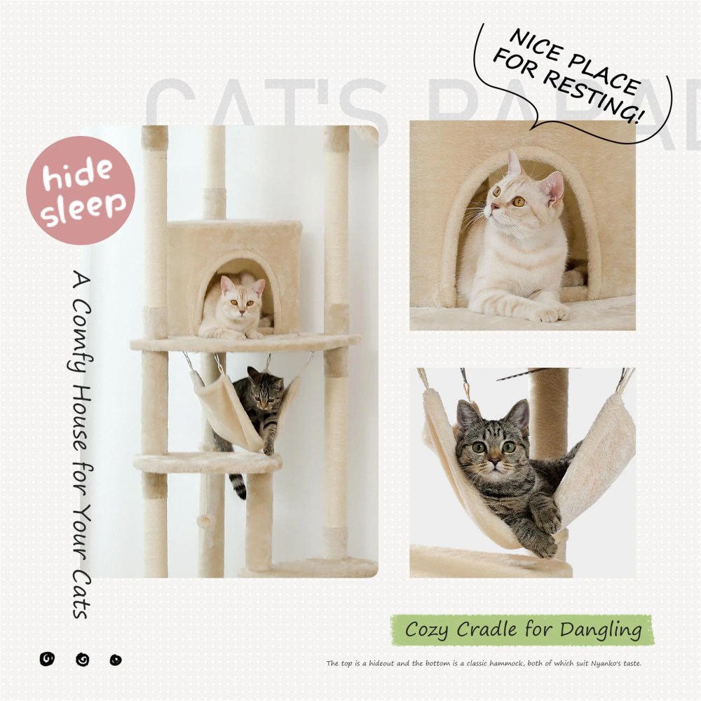 Demi Bonn Floor to Ceiling Cat Tree for Indoor 92"-101" Height Adjustable Cat Tower, Kitty Climbing Play House with Cozy Cat Condo, Perches and Hammock, Beige - Image 3