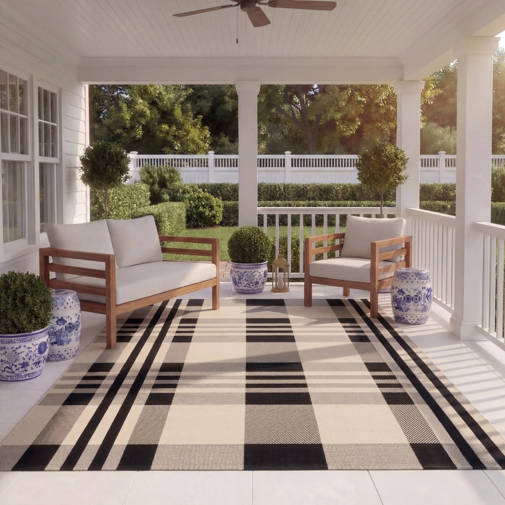 Safavieh Courtyard Benjamin Plaid Indoor/Outdoor Area Rug, Black/Bone, 6'7" x 6'7" Square - Image 13