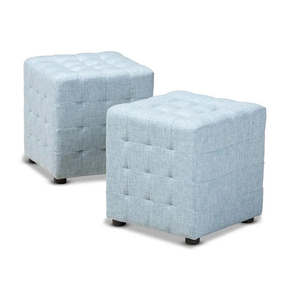 Baxton Studio Elladio Modern and Contemporary Light Blue Fabric Upholstered Tufted Cube Ottoman Set