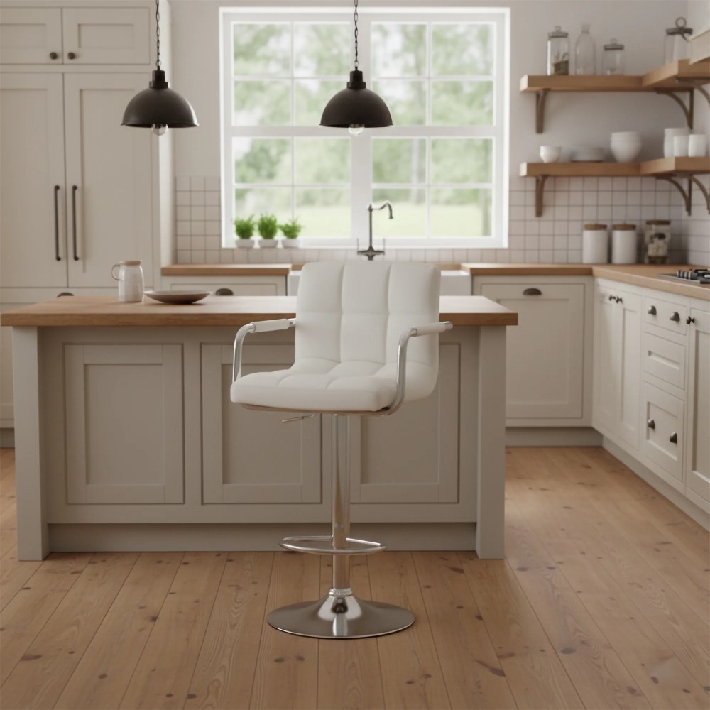 AC Pacific Contemporary Adjustable Swivel Kitchen Bar Stool Chair with Cushion and Armrest,24"-33",White
