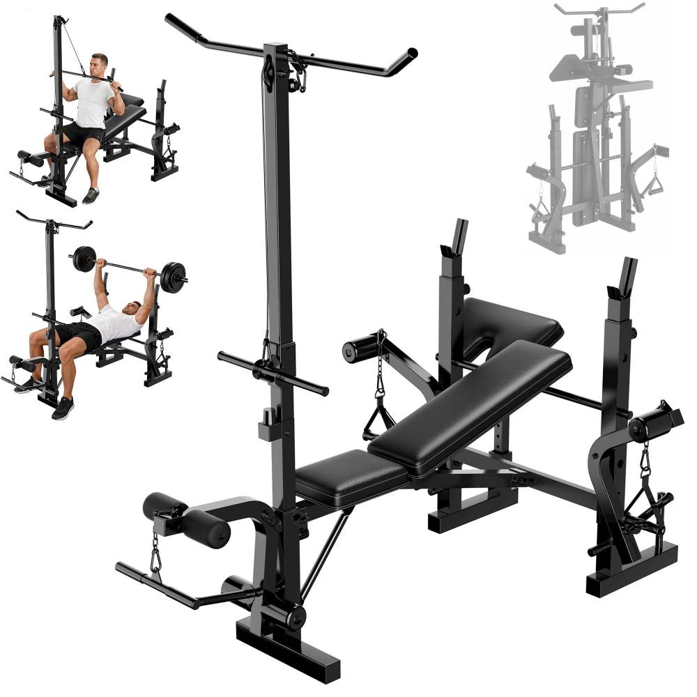 JoanKaren 7 in 1 Adjustable Weight Bench Set, 900lbs Capacity Workout Bench with Lat Pull Down,  Preacher Curl,  Leg Developer, Chest & Shoulder Rack