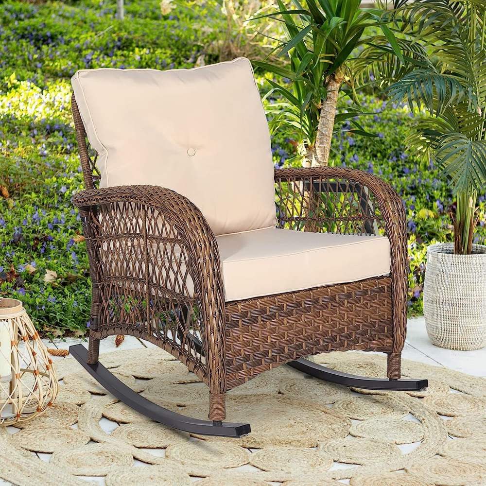 W WARMHOL Outdoor Wicker Rocking Chair with Thickened Cushions,All-Weather Rattan Patio Rocking Chairs,Rocker Wicker Chair for Porch Garden & Backyard,Beige