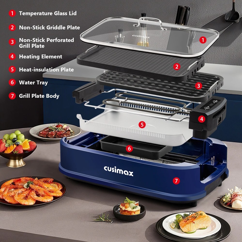 Smokeless Electric Indoor Grill & Griddle CUSIMAX-Portable Korean BBQ with Turbo Smoke Extraction,Nonstick Removable Grill and Griddle Plates - Image 8