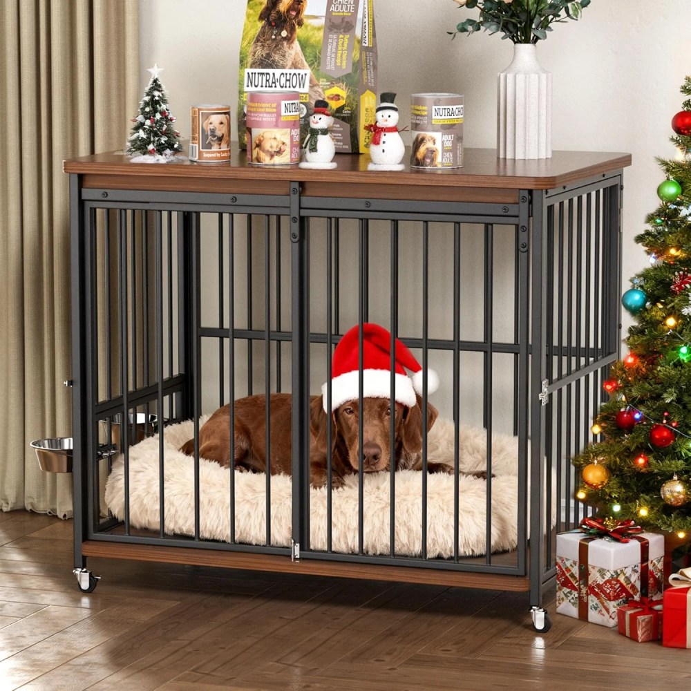 Cofiyard Dog Crate Furniture, 41" Wooden Dog Kennel Indoor with Sliding Front Door, Multi-Side Openings & Feeding Window Pet Cage House, Brown End Table, M