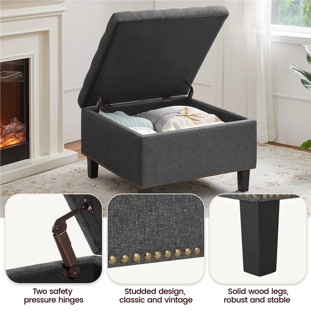 Alden Design Modern Linen-like Storage Ottoman Bench with Button-Tufted for Entryway,Dark Gray - Image 6