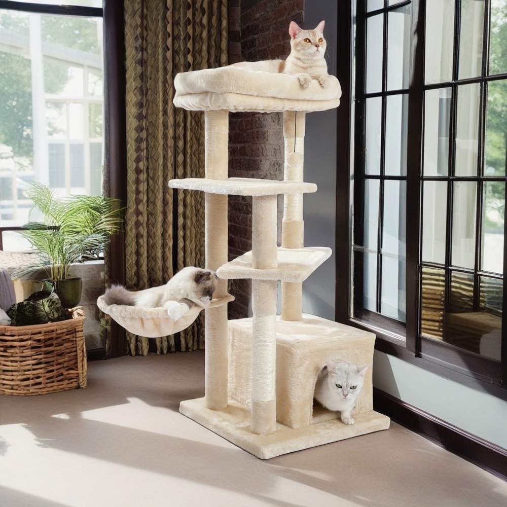 Demi Bonn 44" Multi-Level Cat Tree Tower Cat Condo with Scratching Posts,  Jump Platform Top Perch,  Hammock and Dangling Ball,  Beige
