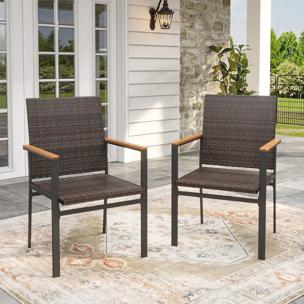 Vicllax Outdoor Dining Chair Patio Wicker Chairs Metal Frame for Deck Garden,Brown Rattan,Set of 2