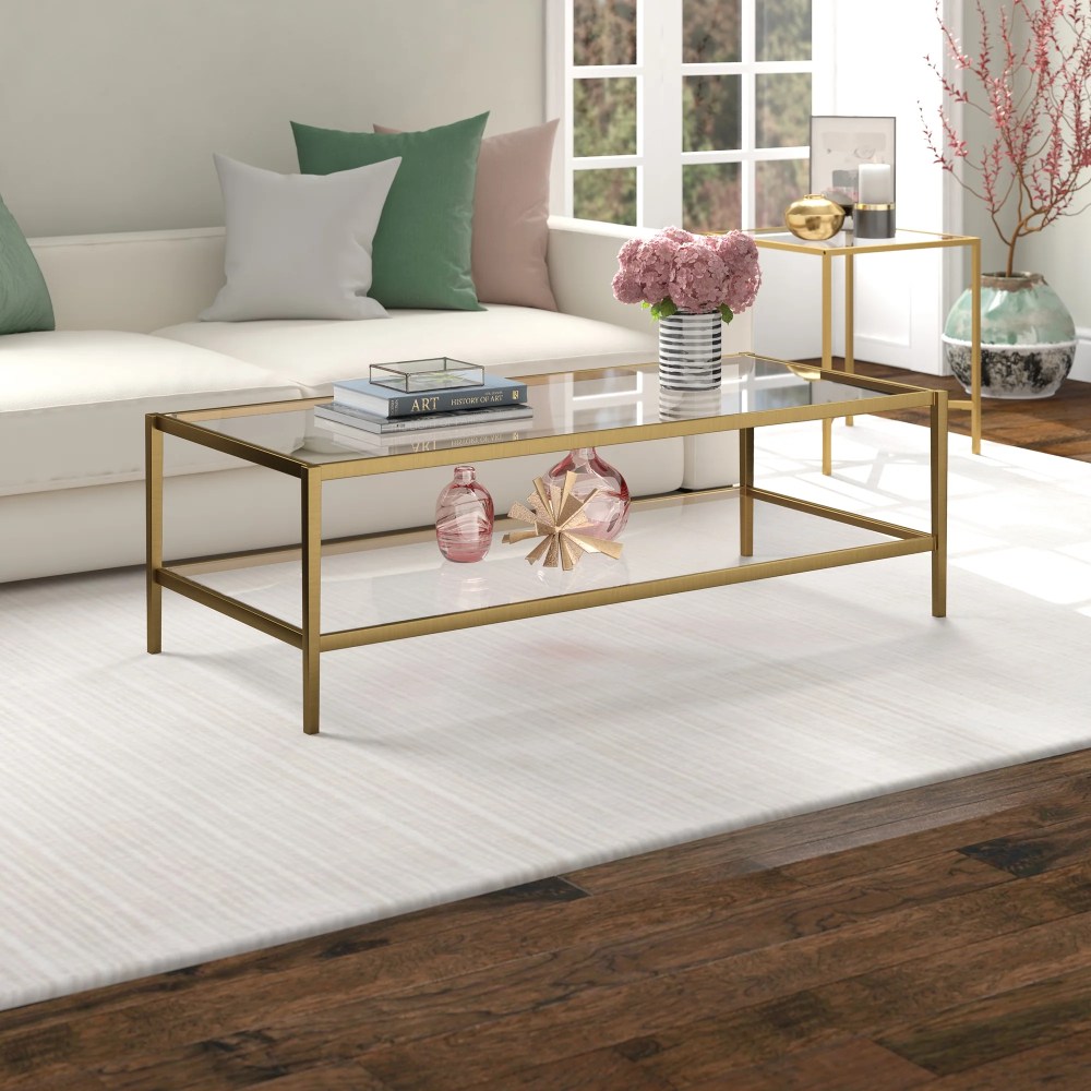 Evelyn&Zoe Hera 54" Wide Rectangular Coffee Table with Glass Shelf, Antique Brass - Image 9