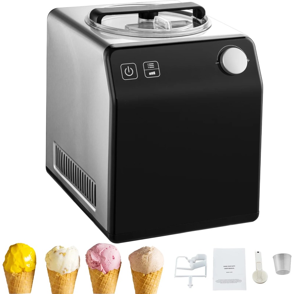 KFFKFF Vertical Ice Cream Machine with Integrated Compressor,2 Quart Instant Fruit Yogurt Device,Stainless Steel Electronic Sorbet Creator,4 Function Gelato Producer with Digital Screen & Timer