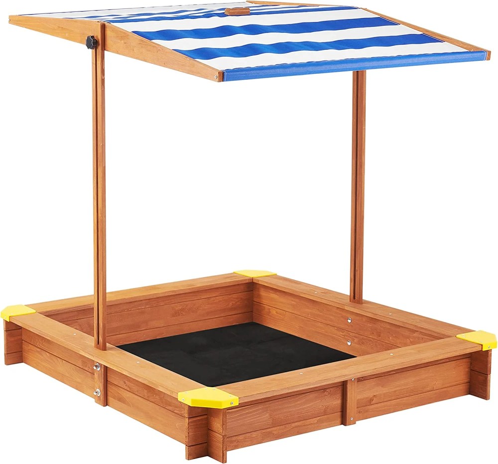 Aukfa Wooden Sandbox w/Adjustable Canopy & Cover for Kids, Brown - Image 8