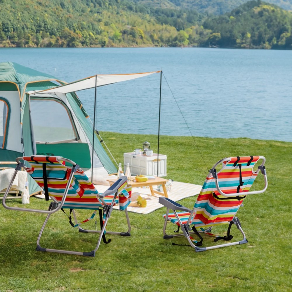 24.8x27.56x38.98in Heightened Oxford Cloth Aluminum Beach Chair (Rainbow Stripes),5-Position Adjustable Back with Lay Flat,Side Cup Holder & Back Pouch,220lbs Capacity,for Camping Picnic Sports - Image 8