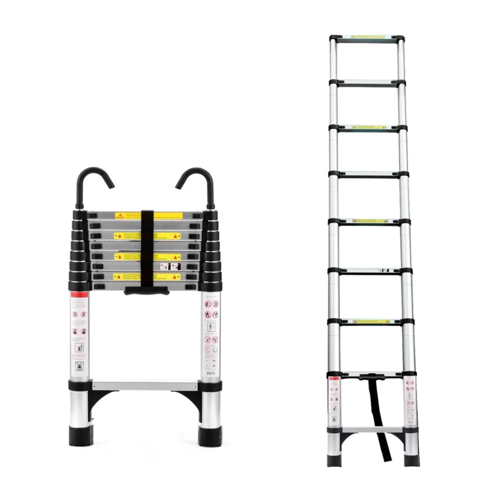 8.5FT Telescoping Ladder,Multi-Purpose Aluminum folding Telescopic Extension Ladder with Hooks and Triangular Support Frame,Suitable for Outdoor Work at Home or RV