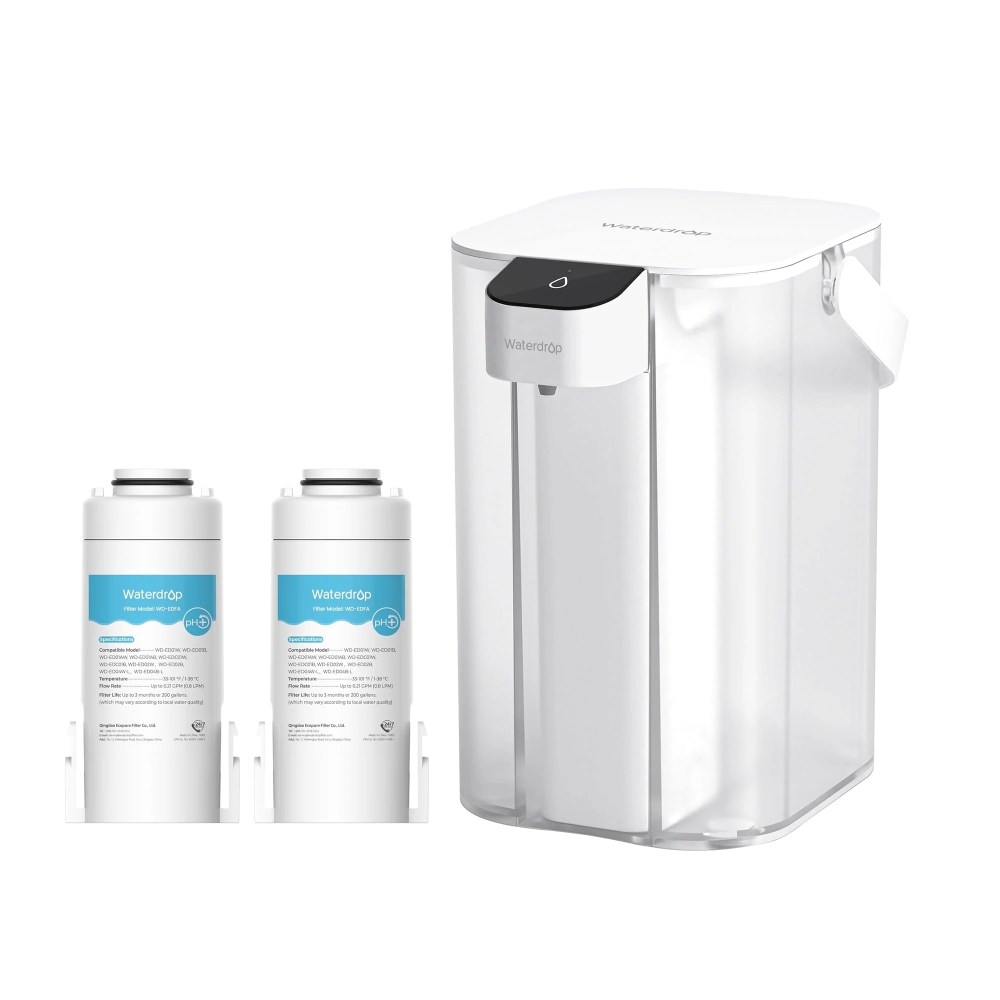 Waterdrop Alkaline Electric Water Filter Pitcher,Dispenser,NSF/ANSI 42,200-Gallon,5X Times Long-Life Countertop Water Filter System,Reduce PFOA/PFOS,Chlorine,Lead,15-Cup,White,with 2 Filter