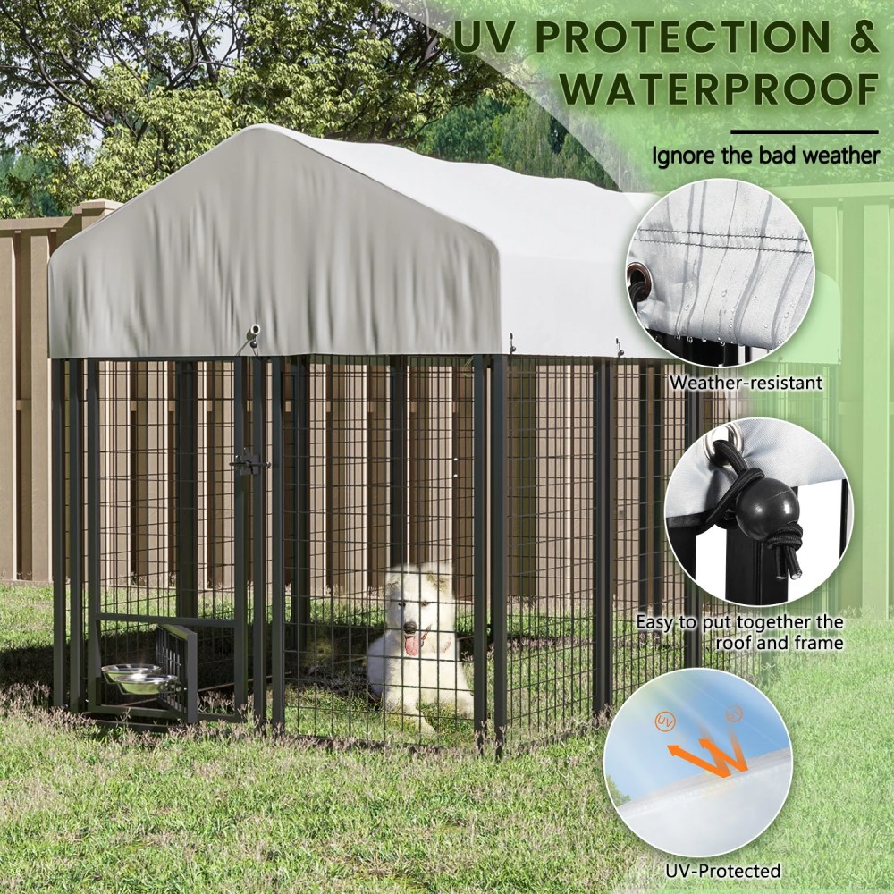 Waleaf 8x4x4 ft Outdoor Dog Kennel Cage for Large Dogs, Large Dog Kennel with Rotating Bowls for Outdoor, Pet Dog Run Enclosures for Dog Crate with Waterproof UV-Resistant Cover and Secure Lock - Image 4