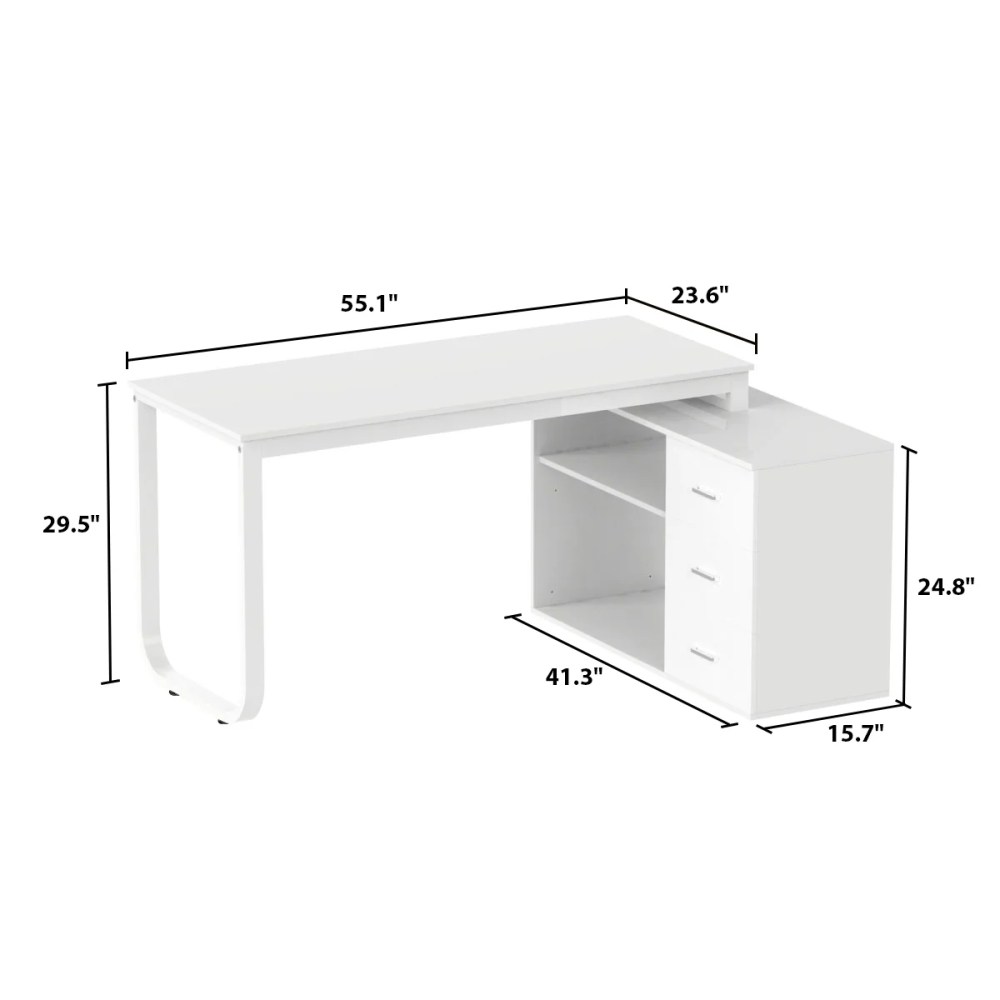 WIAWG 55" White L Shaped Desk with Storage Shelf Corner Office Writing Desk Study Workstation Table - Image 2