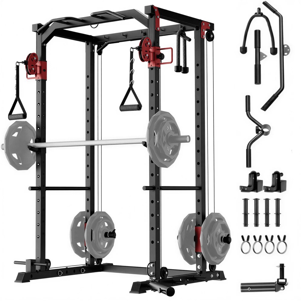 JoanKaren Power Rack with Dual Pulley System, 2000LBS Capacity Home Gym Squat Cage for Strength Training, Includes Multiple Attachments