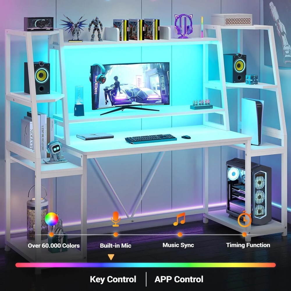 White Gaming Desk 65.7" with LED Lights,Hutch and Storage Shelves,Computer Desk with Monitor Stand,Large PC Gamer Desk Workstation,Ergonomic Gaming Table for Bedroom,Living Room - Image 4