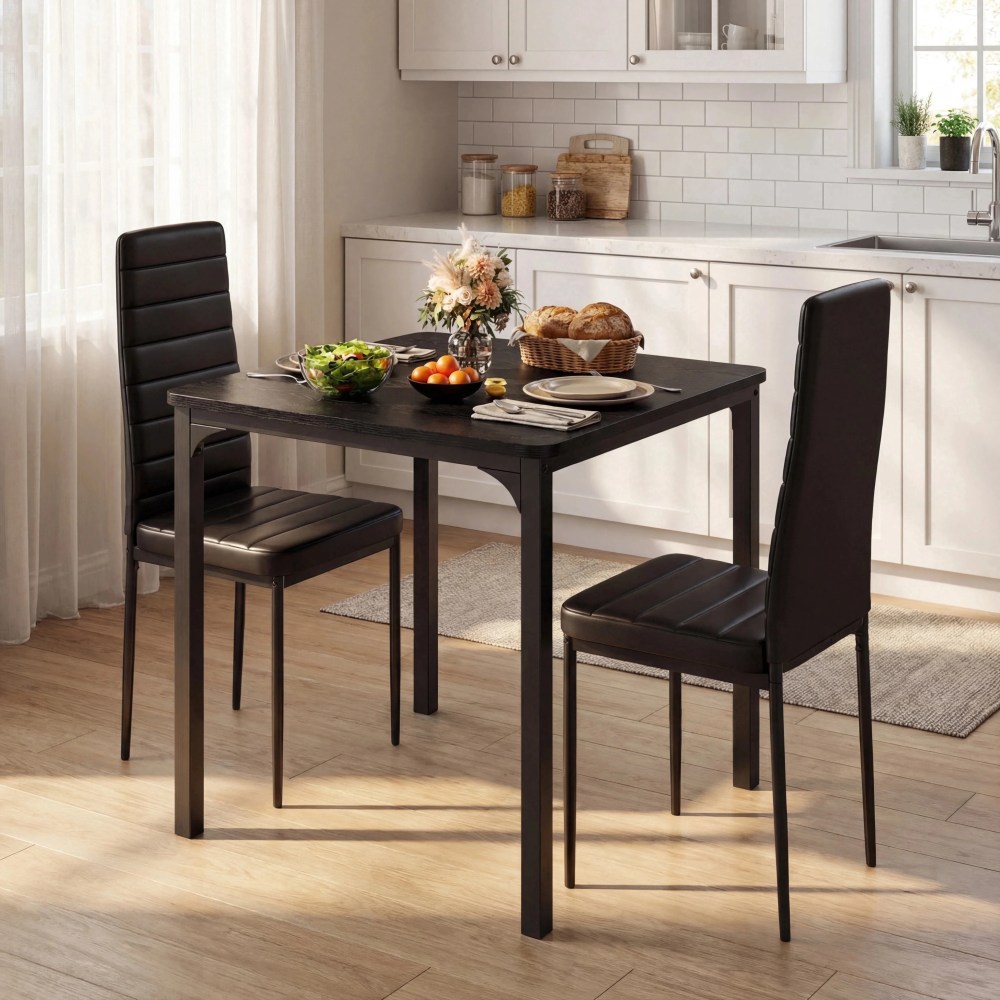 Dining Table Set for 2,3 Piece Kitchen Table Set with 2 Upholstered PU Leather Chairs for Dining Room,Living Room,Apartment,Small Space,Black