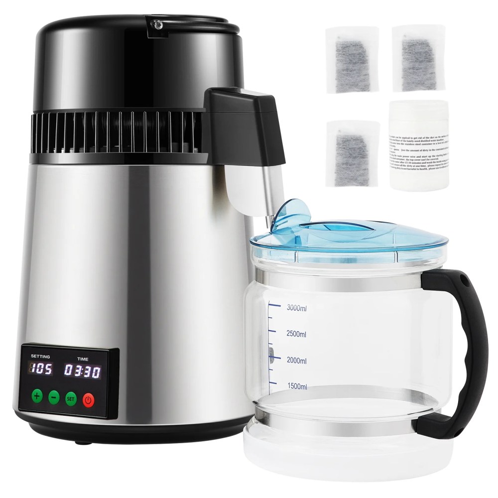 KFFKFF 4L Water Distiller,Distilled Water Maker Machine , 0.3 Gal/H,Temperature Display Stainless Steel Countertop ,750W, Silver
