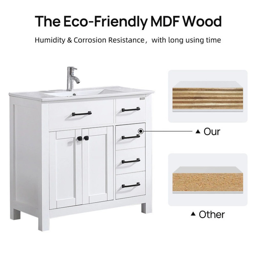 Walsport 36" Luxurious Bathroom Vanity with Sink Top,Modern Bathroom Vanities with 2-Door and 5 Drawers Cabinet ,Solid Wood Bathroom Cabinet with Undermount Ceramic Sink,White - Image 4