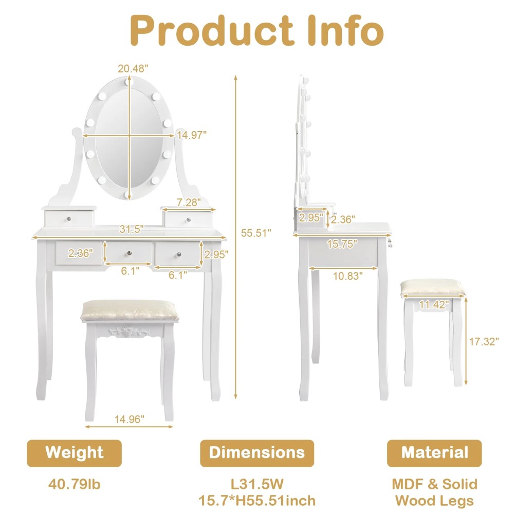 Ktaxon Vanity Table 10 LED Lights,5 Drawers Makeup Dressing Desk with Cushioned Stool Set, Bedroom Vanities Set White - Image 6