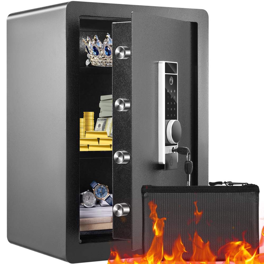 VEVOR Security Safe Box 2.2 Cubic Feet Fingerprint Digital Keypad Lock Box Safe Fingerprint Safe Box with Inner LED Light Fire Resistant Home Safe Steel for Cash Gold 15.75x13x23.6 inch