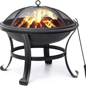 KingSo 22 inch Wood Burning Fire Pit for Camping Picnic Bonfire Patio Outside Backyard Garden Small Bonfire Pit Steel Firepit Bowl with Spark Screen,Log Grate,Poker