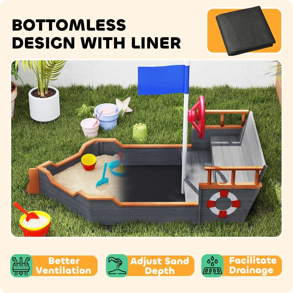 Outsunny Wooden Kids Pirate Sandbox, Outdoor Sandboat with Bench Seats, Storage, Non-Woven Fabric Cloth for Backyard, Lawn, Gray - Image 5