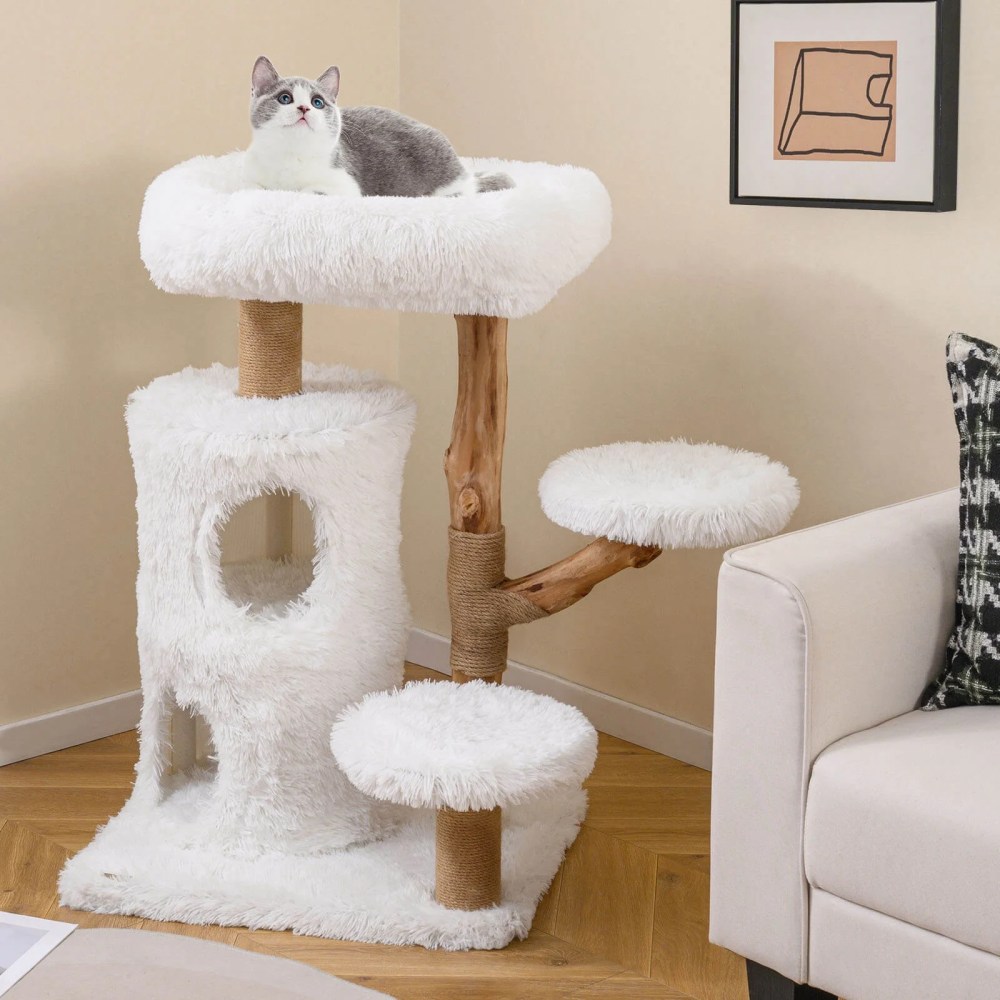Costway 30.5 Cat Tower with Real Solid Wood Branches,  Scratching Posts,  2-storey Condo WhiteNatural