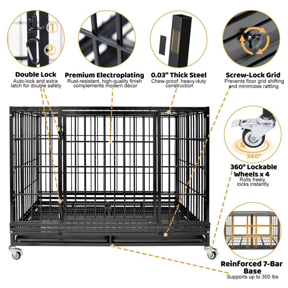 Homey Pet 47 Inch Stackable Heavy Duty Dog Crate, Indestructible Escape Proof Cage for High Anxiety Large Dogs, XL Dog Kennel Indoor with Auto Locks, No-Noise Grid, Dual Trays, 360'Wheels, Top Acces - Image 9