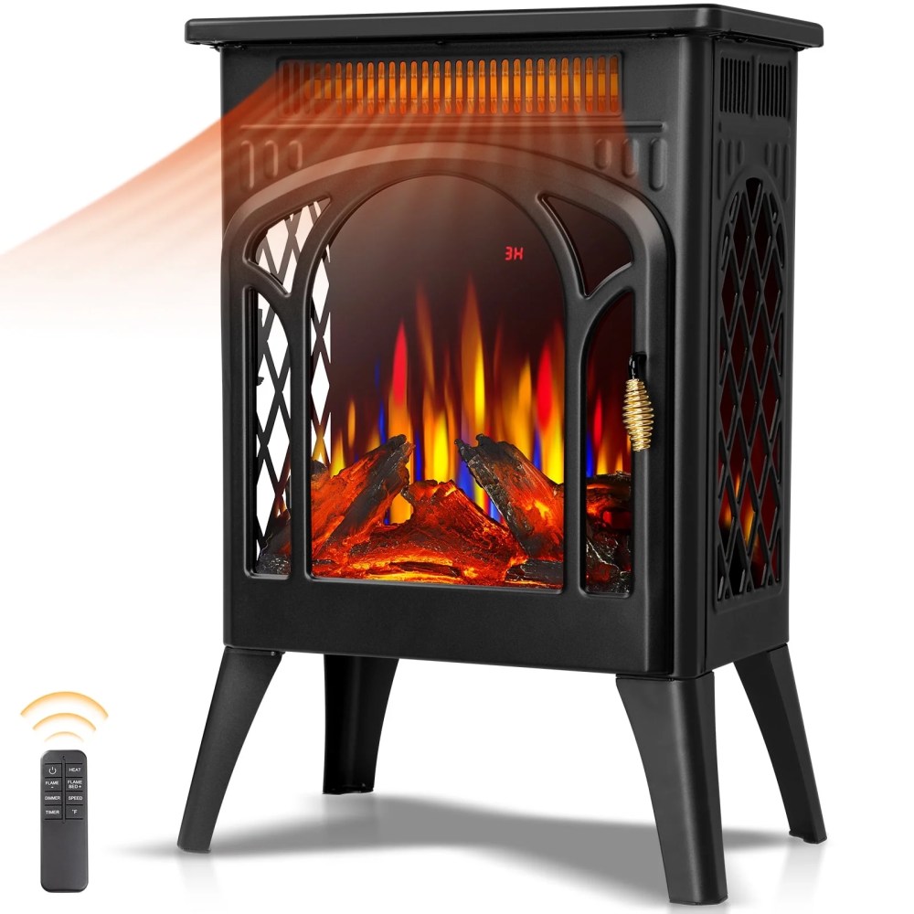 KISSAIR All-metal Electric Fireplace Heater 16",Frame Freestanding Stove,3D Flame,Remote Control,500W/1500W,Black
