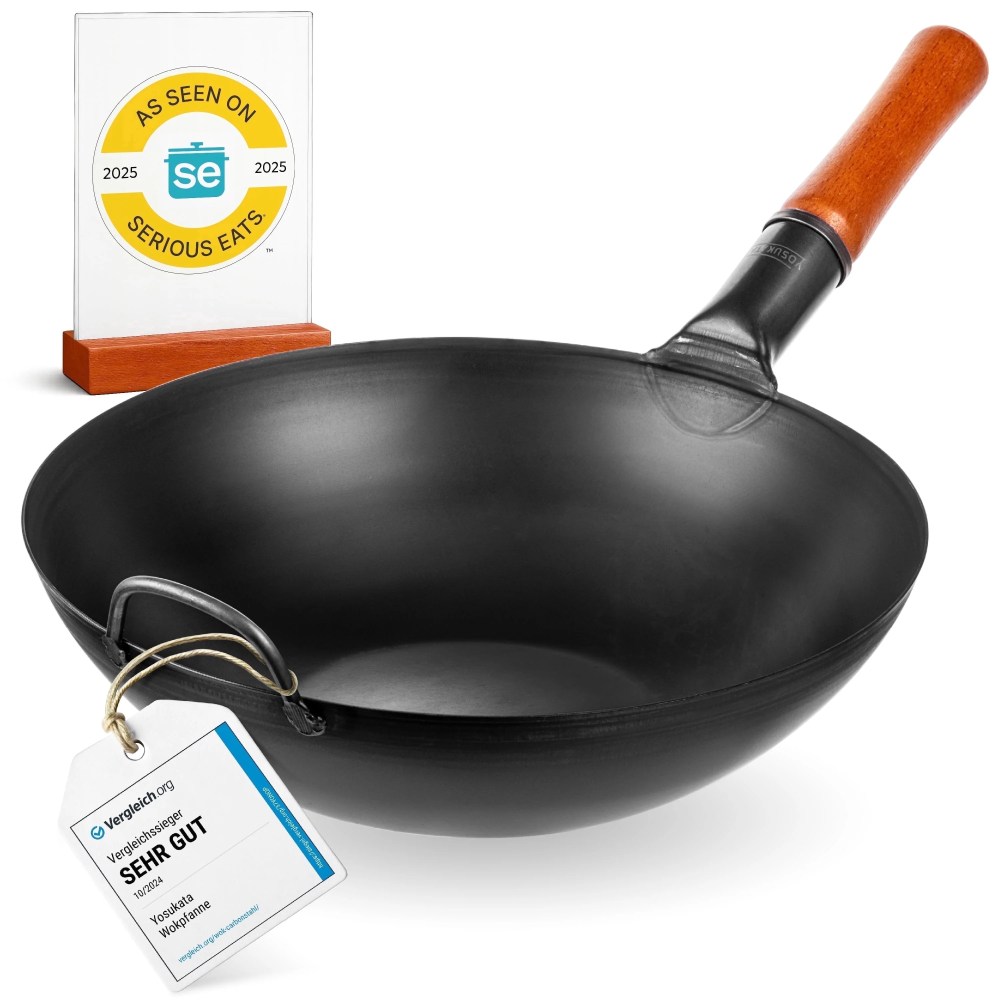 YOSUKATA 13.5" Pre-Seasoned Carbon Steel Wok Pan,Flat Bottom Stir Fry Pan for Gas,Electric,Induction & Open Fire,Traditional Asian Cookware for Kitchen,BBQ & Camping Use