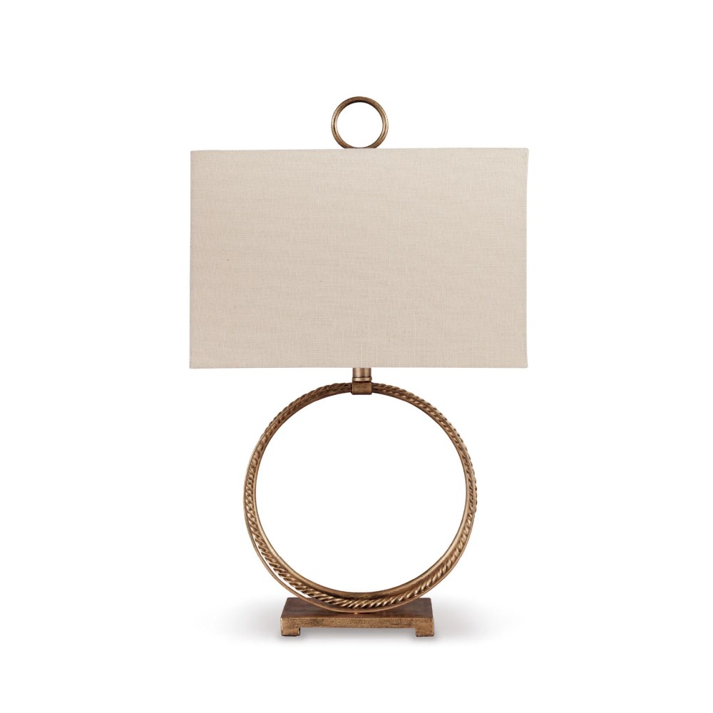 Signature Design by Ashley Mahala Metal Table Lamp, Antique Gold Finish, Modern Ring Table Lamp with Rectangular Shade and 3-Way Switch