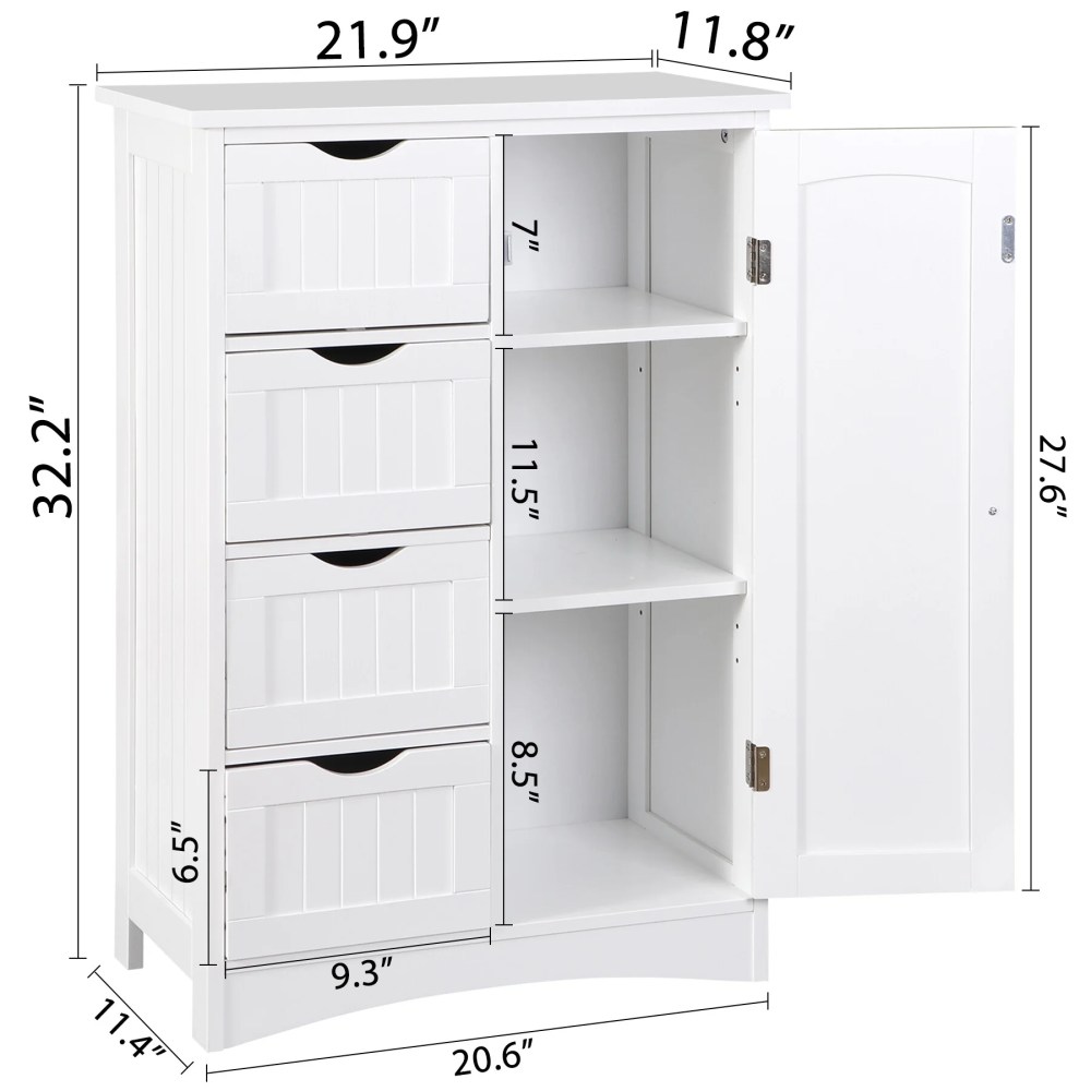 ZENSTYLE Bathroom Floor Cabinet Kitchen Organization 4 Drawers W/3 Tiers Side Space,White - Image 6