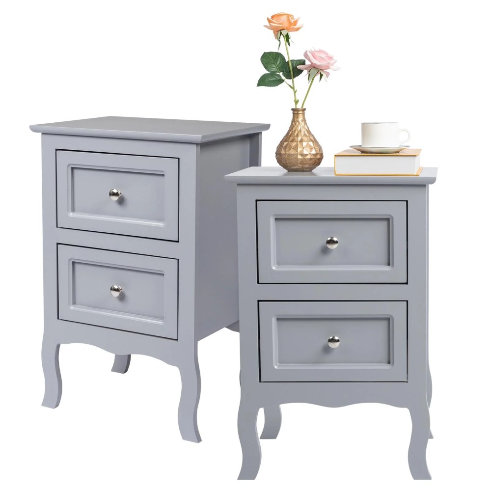 Ktaxon Nightstand,Bedside Table with 2 Storage Drawers,End Side for Bedroom,Country Style Set of 2, Gray