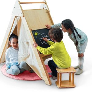 Avenlur Oak Foldable Triangle Climber 4 in 1 Kids Playhouse Hideaway Montessori Learning Play Tent,  Desk,  Chair Stool,  Art Easel,  Chalkboard,  Teepee Climbing,  Crawling Tunnel Toy Toddler Playset