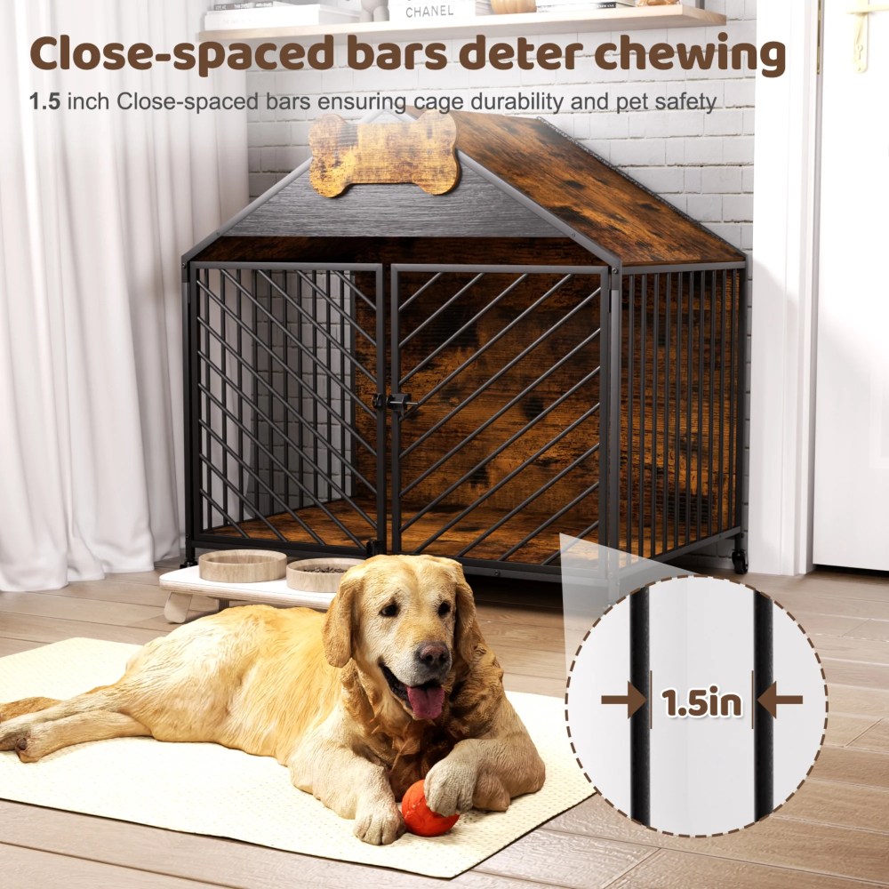 JXXRZ 32" Heavy Duty Dog Crate Furniture- Chew-Proof Double Door Indoor Kennel with Roof, Rustic Brown for Large Breeds - Image 6
