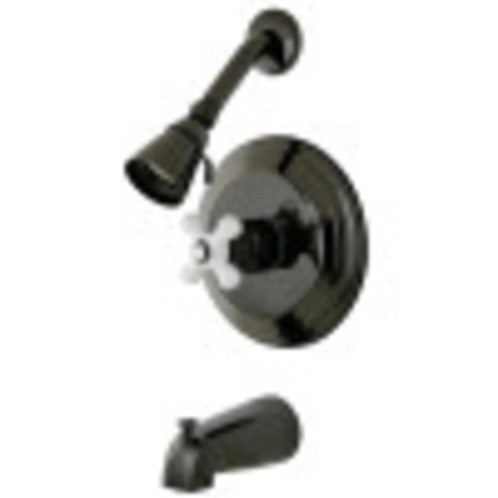 Kingston Brass NB3630PX Water Onyx Pressure Balanced Tub & Shower Faucet with Porcelain Cross Handle,Black Stainless Steel