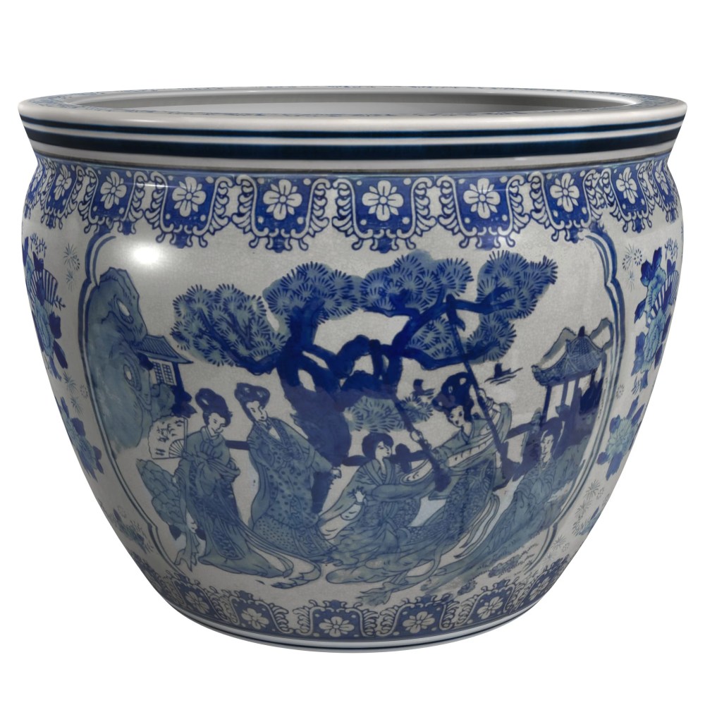 Red Lantern 12" Ladies Blue & White Porcelain Fishbowl Planter