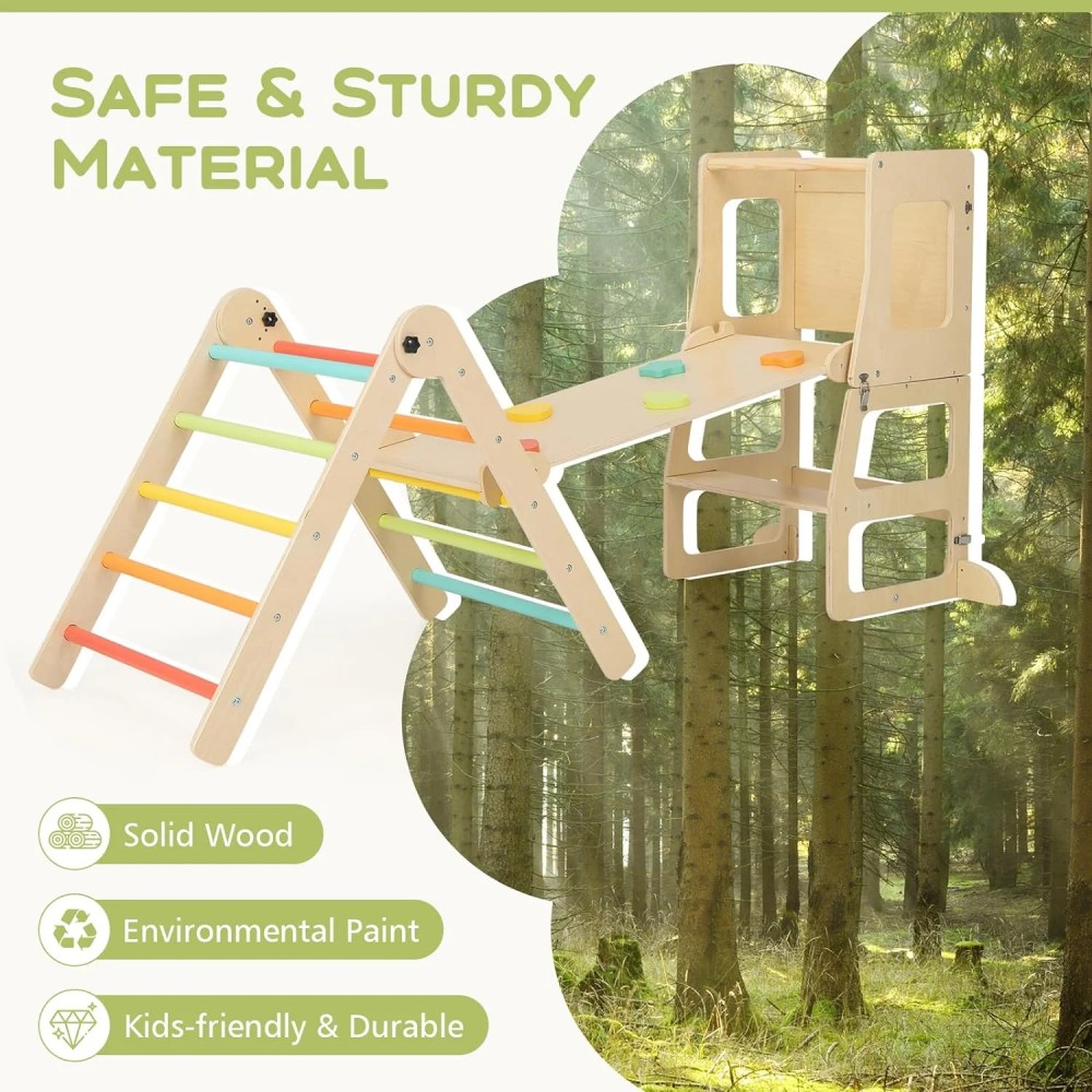 OLAKIDS Climbing Toys for Toddlers, 8 in 1 Foldable Wood Pikler Montessori Jungle Gym with Toddler Tower Angle Adjustable Ladder Ramp Slide, Indoor Kids Playground Climber Triangle Set (Colorful) - Image 9