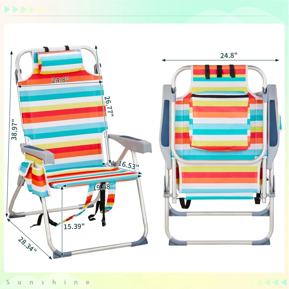 24.8x27.56x38.98in Heightened Oxford Cloth Aluminum Beach Chair (Rainbow Stripes),5-Position Adjustable Back with Lay Flat,Side Cup Holder & Back Pouch,220lbs Capacity,for Camping Picnic Sports - Image 6