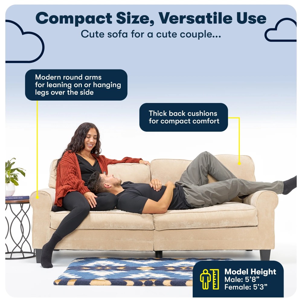 Serta Copenhagen 78" Rolled Arm Sofa, Easy Care Polyester, Loveseat or Couch for Small Spaces, Buckwheat Beige - Image 16