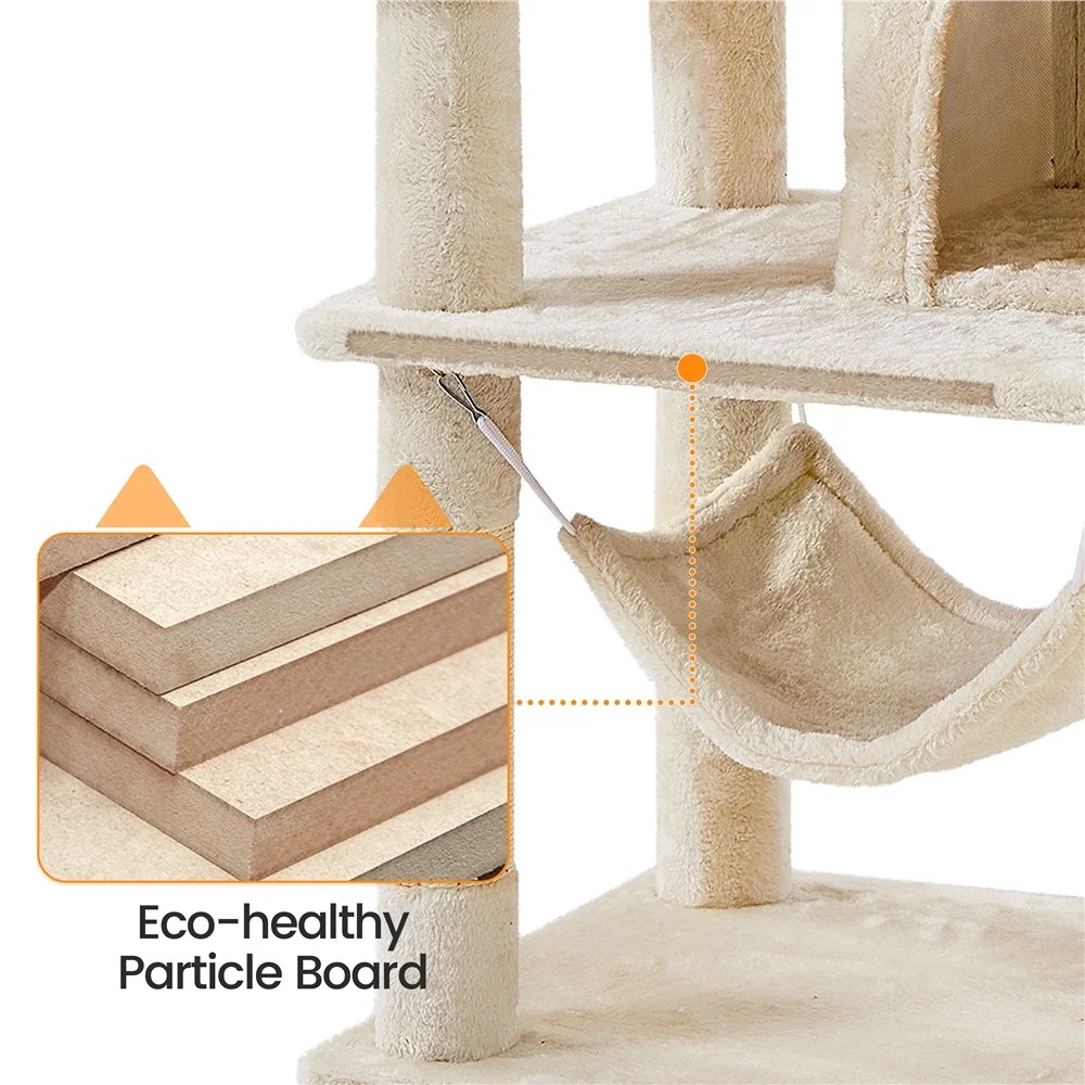 Alden Design 67" H Large Multi-Level Cat Tree with 2 Cat Condos for Indoor Cats, Beige - Image 3
