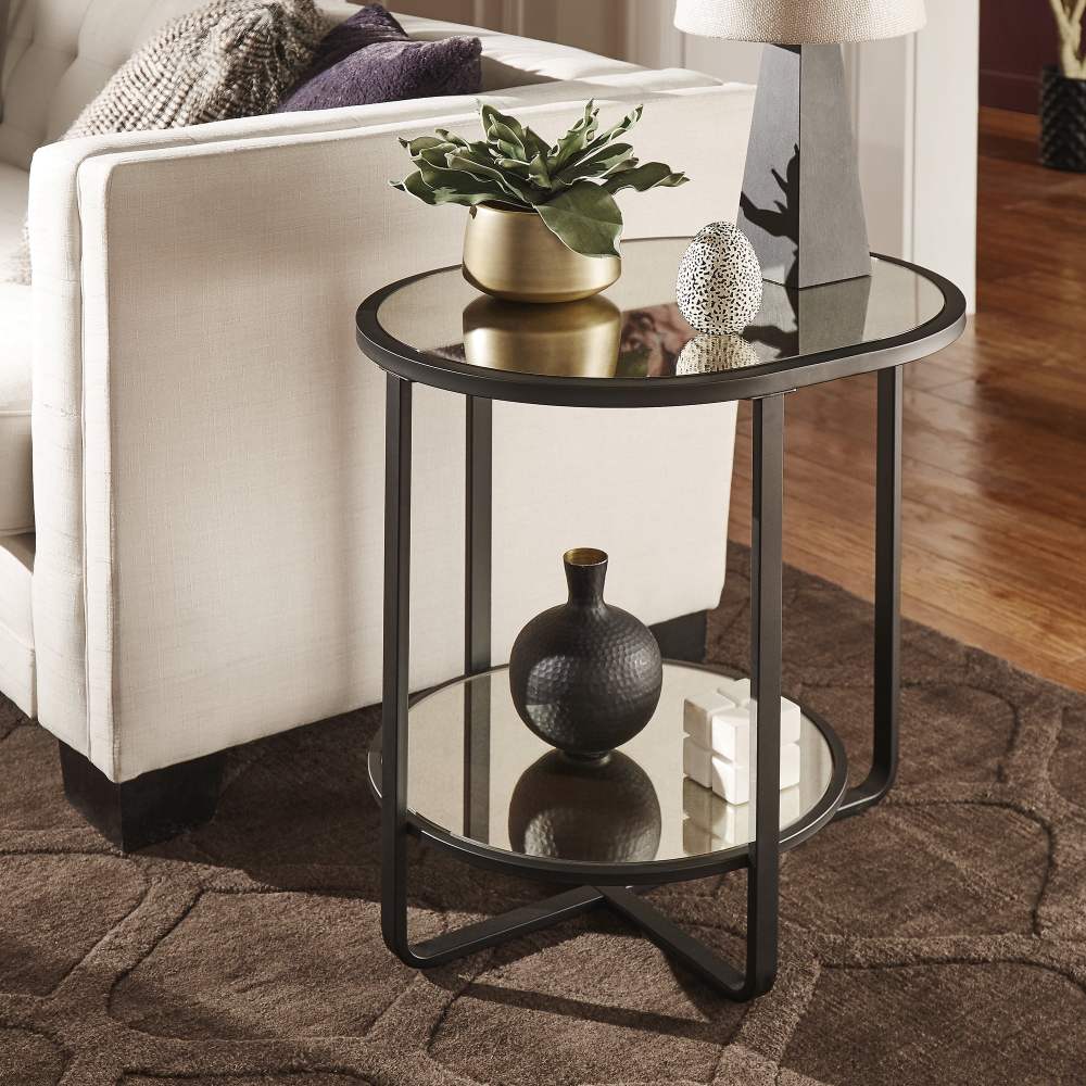 Weston Home Selah Oval Metal End Table with Antique Mirror Top,Black