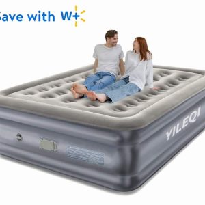Yileqi Queen Air Mattress with Built in Battery Pump & 2 Air Pillows - 18" Inflatable Camping Mattress, Foldable Air Bed for Home & Outdoor, 650lb Support, Quick Inflation/Deflation, Grey&Blue